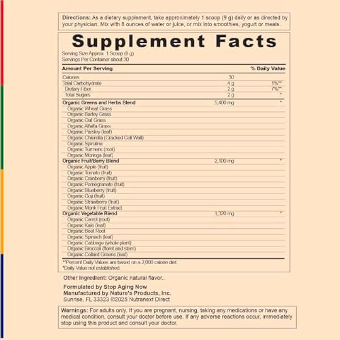 Stop Aging Now - Organic Greens Powder Superfood Supplement Blend Mix - 9.5oz - Naturally Flavored - Image 4