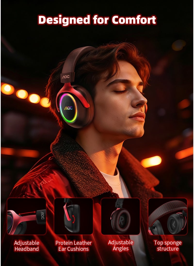 اي او سي سماعة ألعاب لاسلكية AOC TG1 بصوت محيطي 7.1.4، سماعات ألعاب USB بتردد 2.4GHz مع Bluetooth 6.0، بطارية 2000mAh، ميكروفون ENC قابل للفصل، إضاءة RGB، متوافقة مع PC وPS5 وPS4 وMac وSwitch، (أسود / رمادي معدني) - Image 4
