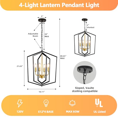 WJShome 18.1" Black and Gold Chandelier, 4-Light Farmhouse Dining Room Light Fixture, Modern Foyer Lighting Fixtures, Rustic Lantern Pendant Light, for Kitchen Island,Staircase,Entryway - Image 4