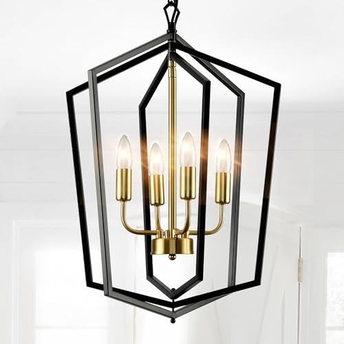 WJShome 18.1" Black and Gold Chandelier, 4-Light Farmhouse Dining Room Light Fixture, Modern Foyer Lighting Fixtures, Rustic Lantern Pendant Light, for Kitchen Island,Staircase,Entryway - Image 1