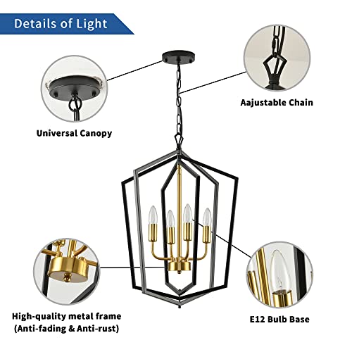 WJShome 18.1" Black and Gold Chandelier, 4-Light Farmhouse Dining Room Light Fixture, Modern Foyer Lighting Fixtures, Rustic Lantern Pendant Light, for Kitchen Island,Staircase,Entryway - Image 5