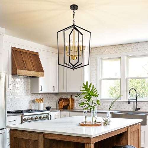 WJShome 18.1" Black and Gold Chandelier, 4-Light Farmhouse Dining Room Light Fixture, Modern Foyer Lighting Fixtures, Rustic Lantern Pendant Light, for Kitchen Island,Staircase,Entryway - Image 3