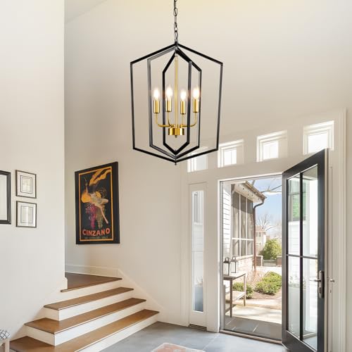 WJShome 18.1" Black and Gold Chandelier, 4-Light Farmhouse Dining Room Light Fixture, Modern Foyer Lighting Fixtures, Rustic Lantern Pendant Light, for Kitchen Island,Staircase,Entryway - Image 2