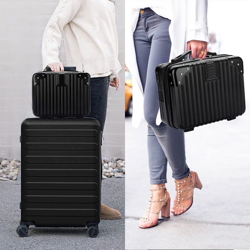 BSTKEY Portable Hard Shell Cosmetic Travel Case, Small Travel Hand Luggage with Elastic Band, Mini ABS Carrying Makeup Case Suitcase, Black - Image 2