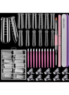 TsMADDTs Dual Nail Forms Set,TsMADDTs Clear Acrylic Coffin Nail Forms Set with 120pcs Gel Nail Molds 10pcs Clear Nail Tips Clips,Nail Gel Brush Pen Nail Files Buffer Cuticle Pushers,Nail Extension Forms Set  - Image 1