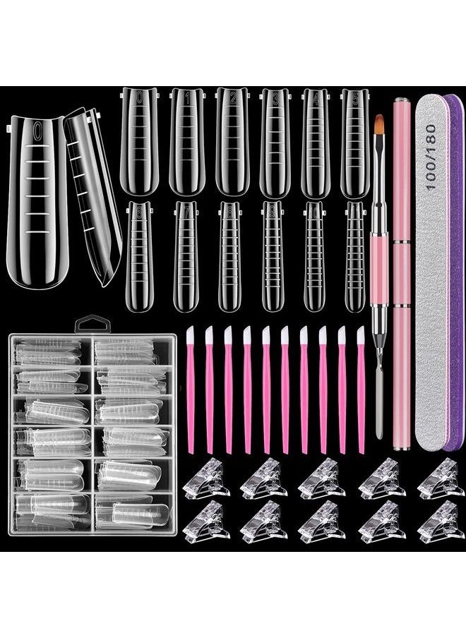 TsMADDTs Dual Nail Forms Set,TsMADDTs Clear Acrylic Coffin Nail Forms Set with 120pcs Gel Nail Molds 10pcs Clear Nail Tips Clips,Nail Gel Brush Pen Nail Files Buffer Cuticle Pushers,Nail Extension Forms Set  - Image 1