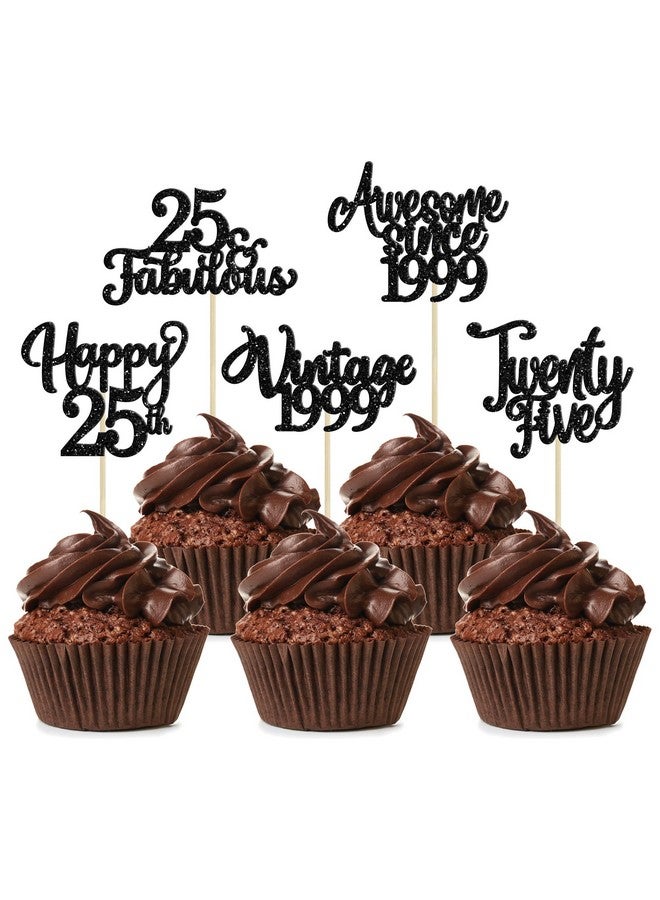 Ephlyn 30Pcs Happy 25th Birthday Cupcake Toppers Glitter Awesome Since 1999 Twenty-Five 25 Fabulous Vintage 1998 Cupcake Picks for 25th Birthday Anniversary Retirement Party Cake Decorations Supplies Black - Image 1
