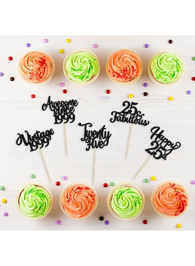 Ephlyn 30Pcs Happy 25th Birthday Cupcake Toppers Glitter Awesome Since 1999 Twenty-Five 25 Fabulous Vintage 1998 Cupcake Picks for 25th Birthday Anniversary Retirement Party Cake Decorations Supplies Black - Image 3