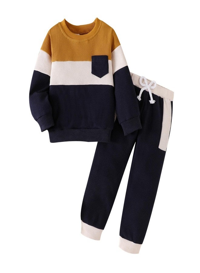 FOCICI 2T Boys Clothes Long Sleeve Patchwork Sweatshirt Pullover Tops + Casual Pocket Pants Fall Winter Outfits 2pcs Set Khaki 3-4 Years - Image 1