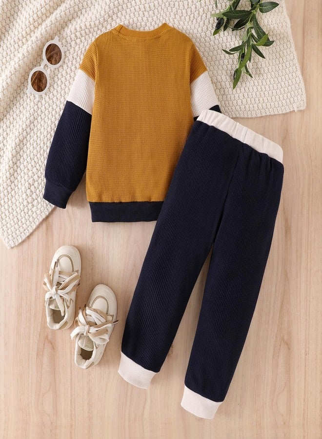 FOCICI 2T Boys Clothes Long Sleeve Patchwork Sweatshirt Pullover Tops + Casual Pocket Pants Fall Winter Outfits 2pcs Set Khaki 3-4 Years - Image 3