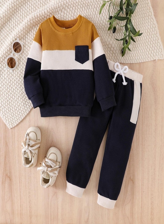 FOCICI 2T Boys Clothes Long Sleeve Patchwork Sweatshirt Pullover Tops + Casual Pocket Pants Fall Winter Outfits 2pcs Set Khaki 3-4 Years - Image 2