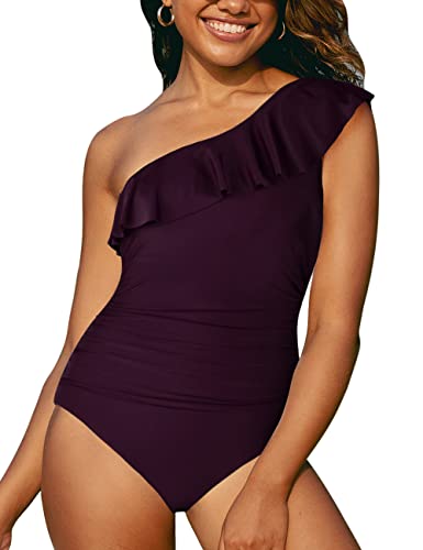 Hilor Women's One Piece Swimsuits One Shoulder Swimwear Asymmetric Ruffle Monokinis Bathing Suits Dark Purple 6 - Image 2