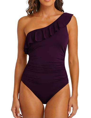 Hilor Women's One Piece Swimsuits One Shoulder Swimwear Asymmetric Ruffle Monokinis Bathing Suits Dark Purple 6 - Image 5