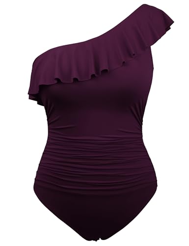 Hilor Women's One Piece Swimsuits One Shoulder Swimwear Asymmetric Ruffle Monokinis Bathing Suits Dark Purple 6 - Image 1