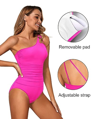 Holipick One Shoulder One Piece Swimsuit for Women Tummy Control Bathing Suits Modest Full Coverage Keyhole Swimwear Hot Pink - Image 2