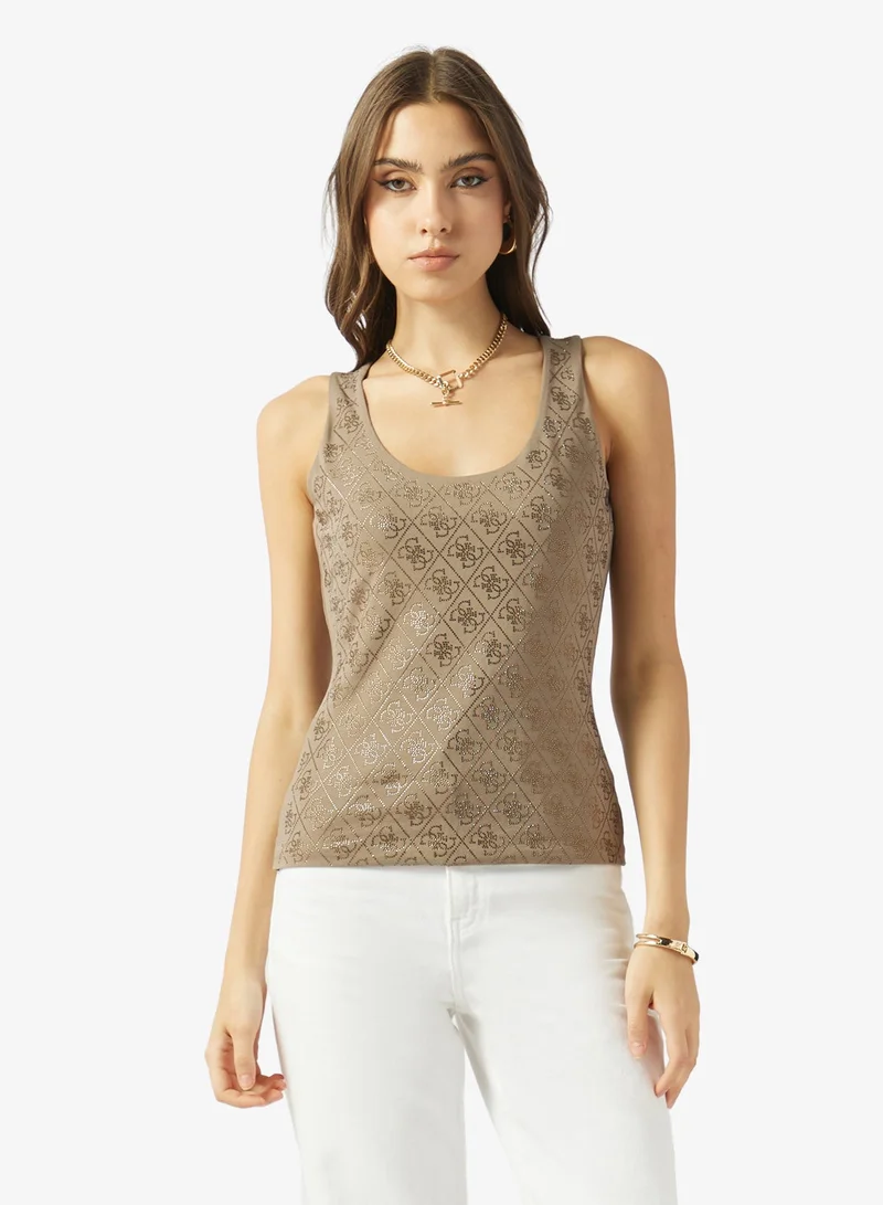 جس بلوزة بدون أكمام بفتحة رقبة مستديرة مطاطية