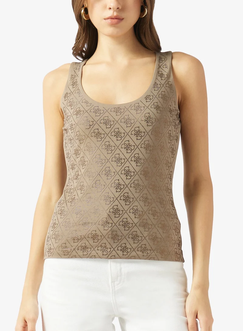 جس بلوزة بدون أكمام بفتحة رقبة مستديرة مطاطية