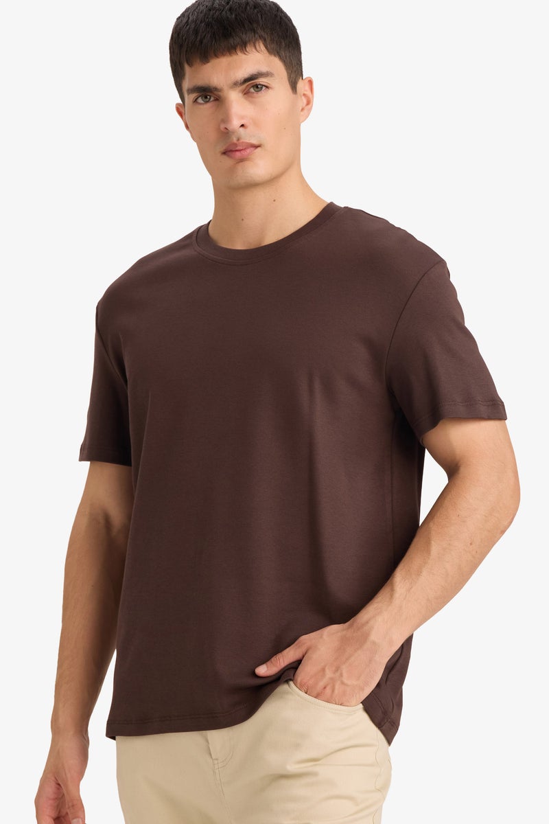 DeFacto Brown Man 100% Cotton Regular Fit Crew Neck Basic T-Shirt Casual - Image 1