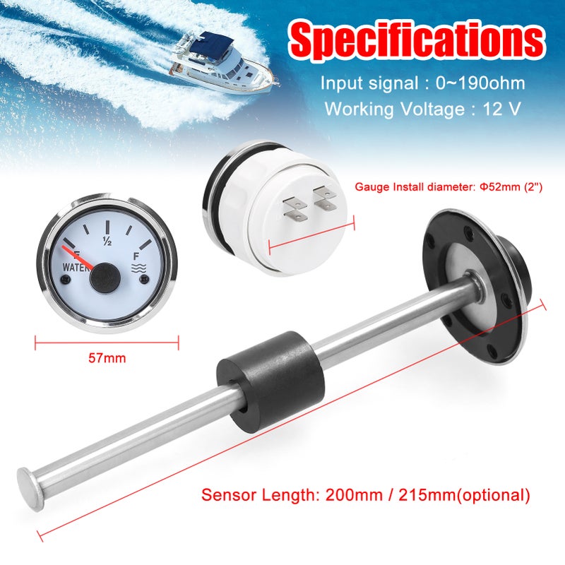 52mm Fuel Level Gauge 200mm Stainless Steel Fuel Level Sensor Water Level Gauge Meter 0-190ohm with Backlight for Car Truck Marine Boat 12 V - Image 4