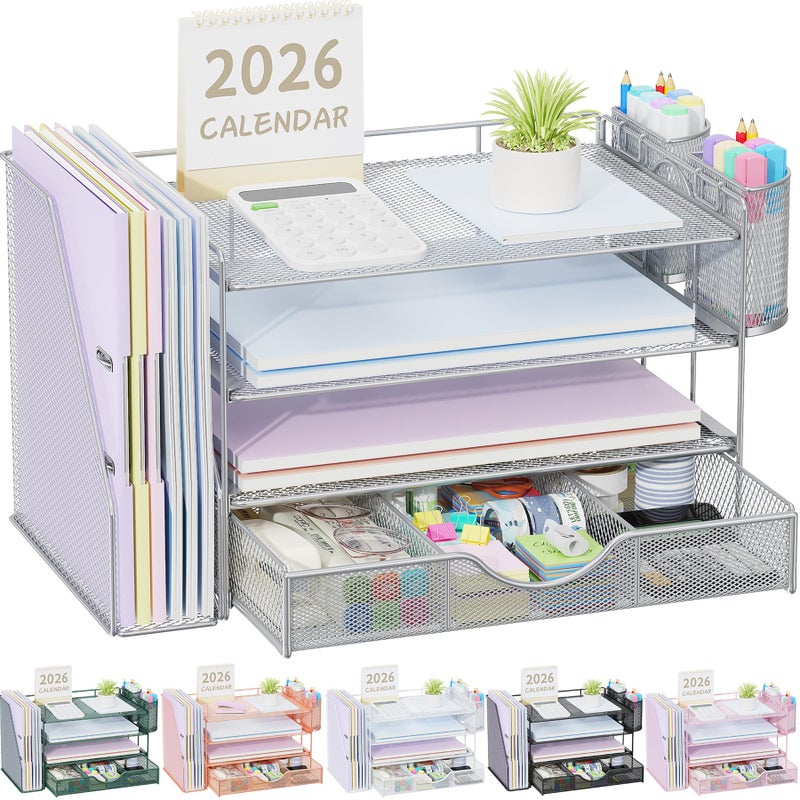 gianotter Desk Organizers and Accessories with File Holder, 4-Tier Desk Accessories & Workspace Organizers with Drawer and 2 Pen Holder, Paper Organizer for Office Supplies (Grey) - Image 1