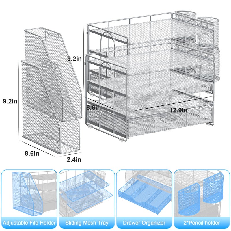 gianotter Desk Organizers and Accessories with File Holder, 4-Tier Desk Accessories & Workspace Organizers with Drawer and 2 Pen Holder, Paper Organizer for Office Supplies (Grey) - Image 5