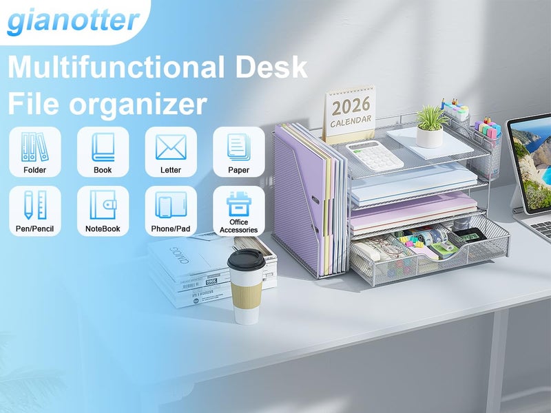 gianotter Desk Organizers and Accessories with File Holder, 4-Tier Desk Accessories & Workspace Organizers with Drawer and 2 Pen Holder, Paper Organizer for Office Supplies (Grey) - Image 3