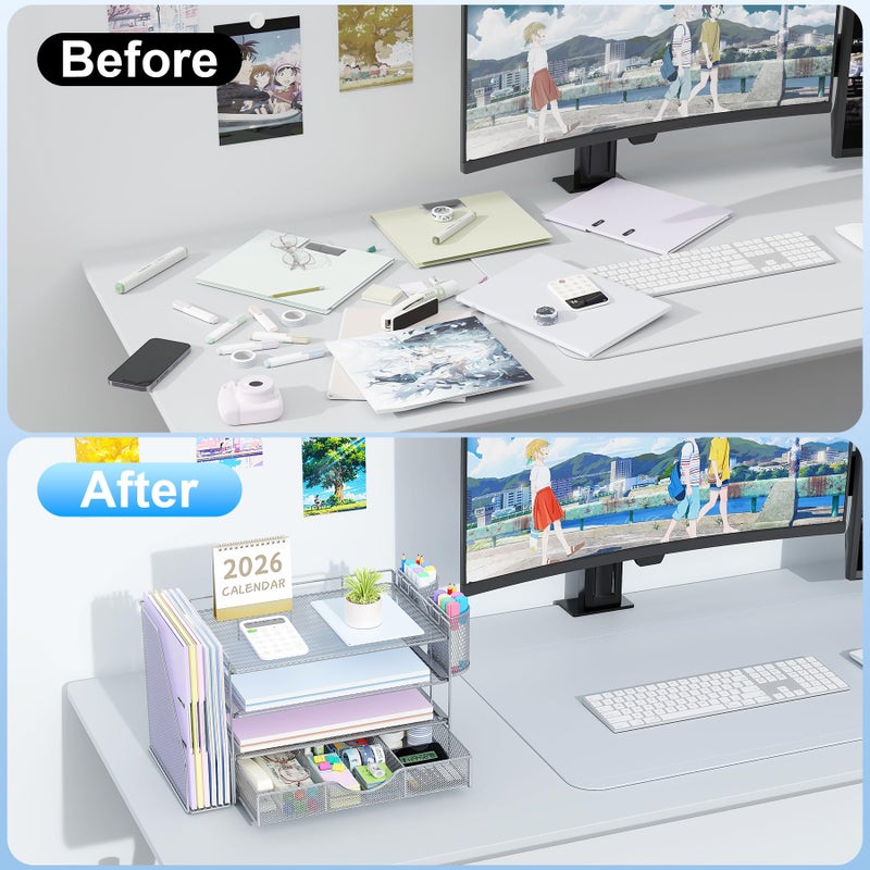 gianotter Desk Organizers and Accessories with File Holder, 4-Tier Desk Accessories & Workspace Organizers with Drawer and 2 Pen Holder, Paper Organizer for Office Supplies (Grey) - Image 2