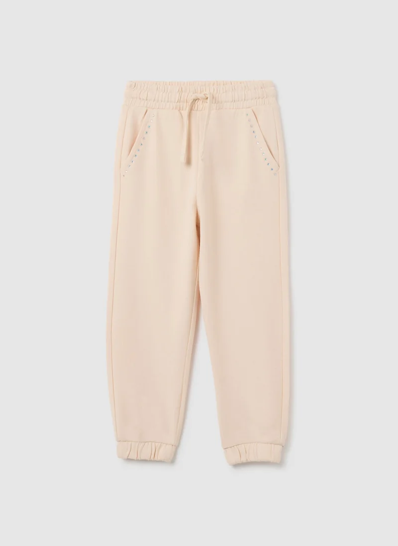 Ovs GIRLS' PURE COTTON BEIGE REGULAR FIT DRAWSTRING TROUSERS