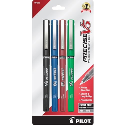 Pilot Precise V5 Capped Liquid Ink Rollerball Pens, Extra Fine Point Ink Pens 0.5 mm, Colored Pens, Assorted Colors, Pack of 4 - Ideal for School, Journaling, & Office Writing - Image 1