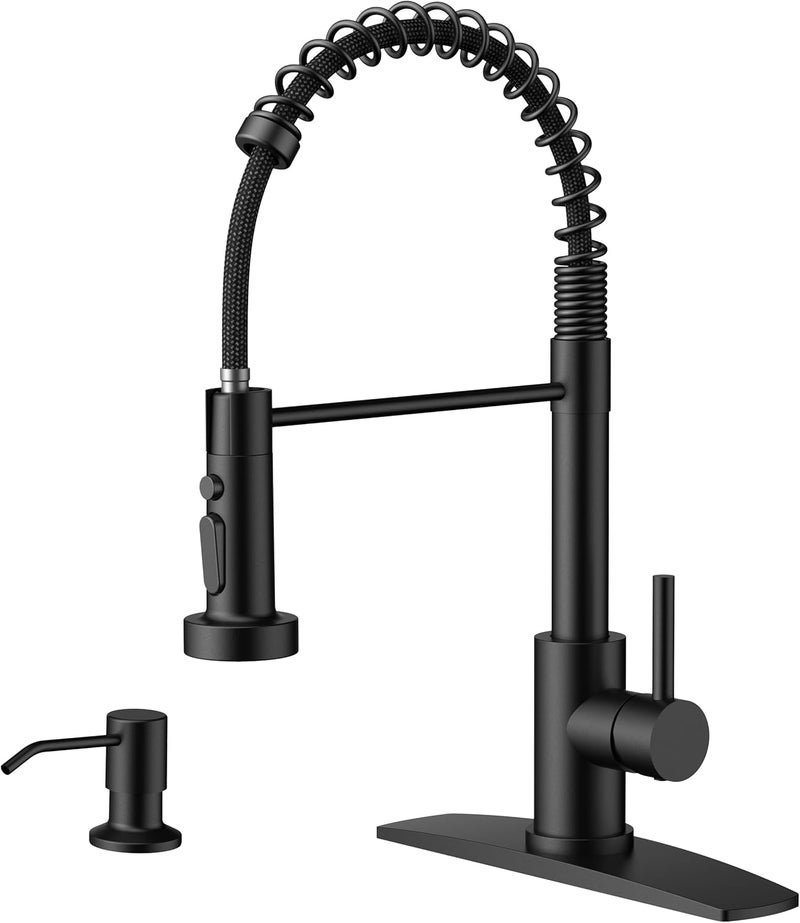 FORIOUS Kitchen Faucet with Soap Dispenser, Black Stainless Steel Sink Faucet with Sprayer Single Handle, Commercial Spring Faucet for Kitchen Sink, Farmhouse, Laundry Bar RV Camper - Image 1