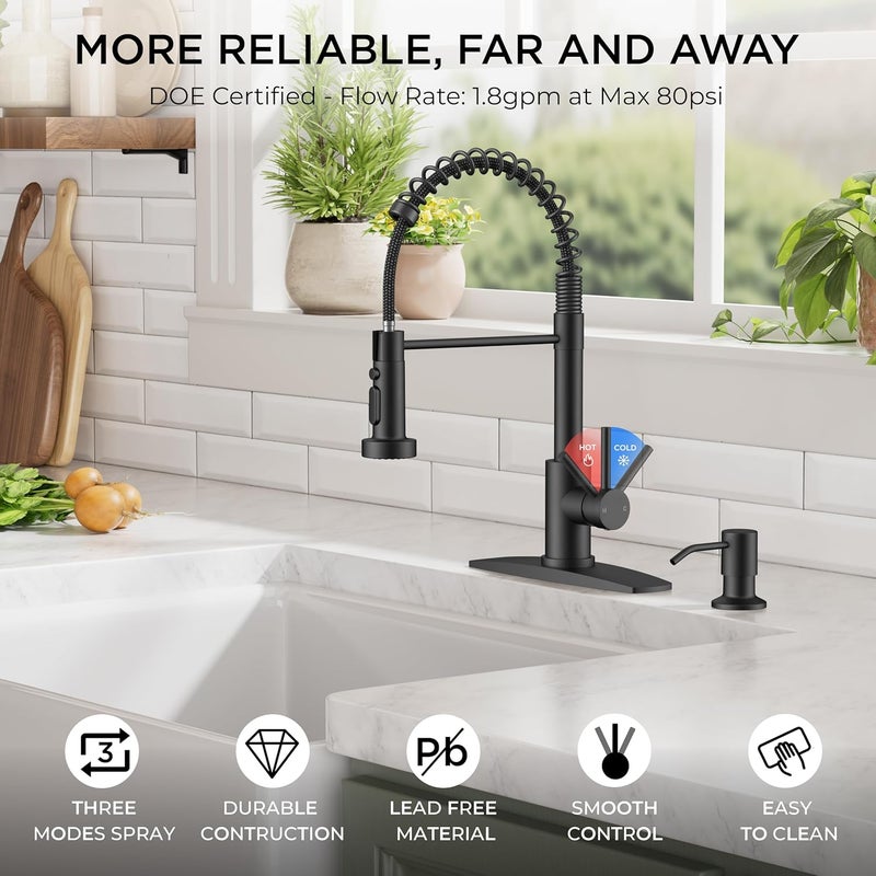 FORIOUS Kitchen Faucet with Soap Dispenser, Black Stainless Steel Sink Faucet with Sprayer Single Handle, Commercial Spring Faucet for Kitchen Sink, Farmhouse, Laundry Bar RV Camper - Image 3