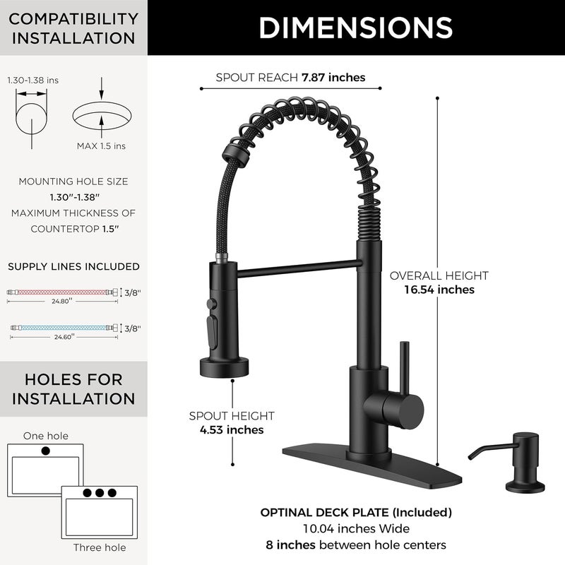 FORIOUS Kitchen Faucet with Soap Dispenser, Black Stainless Steel Sink Faucet with Sprayer Single Handle, Commercial Spring Faucet for Kitchen Sink, Farmhouse, Laundry Bar RV Camper - Image 2