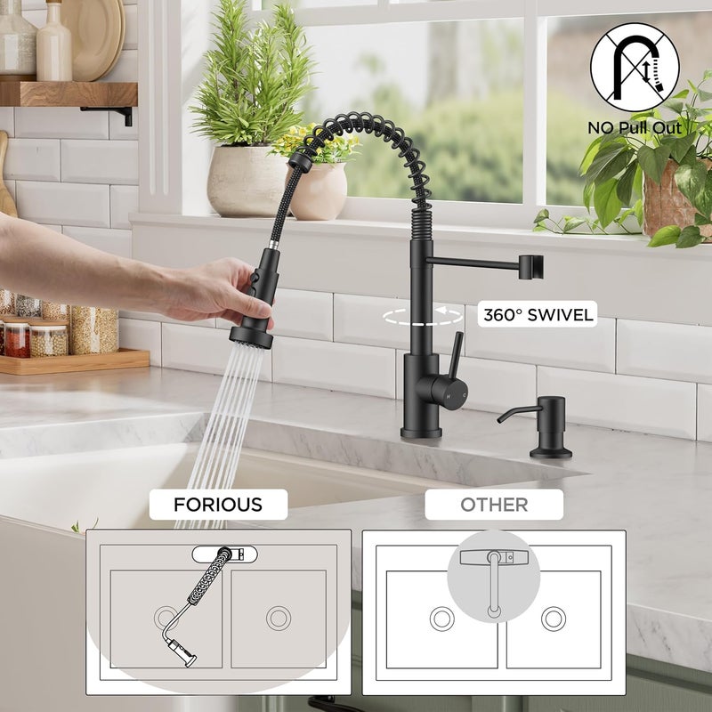 FORIOUS Kitchen Faucet with Soap Dispenser, Black Stainless Steel Sink Faucet with Sprayer Single Handle, Commercial Spring Faucet for Kitchen Sink, Farmhouse, Laundry Bar RV Camper - Image 5