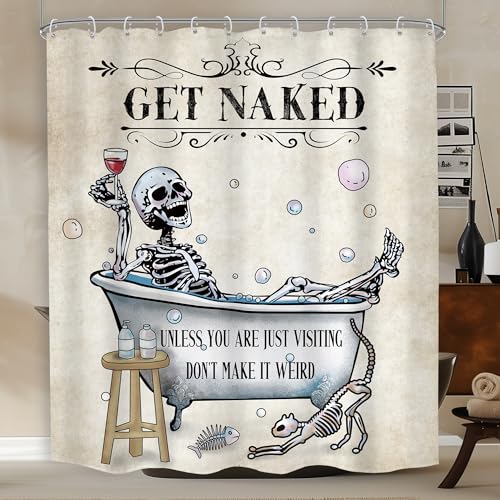 Mitpok Halloween Funny Skull Skeleton Shower Curtain 60Wx72H Gothic Spooky Unique Cool Bone in Bathtub Bubbles Horror Cat Fish Retro Scary Bathroom Decor Bath Curtain Fabric Polyester 12 Pack Hooks - Image 1