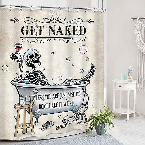 Mitpok Halloween Funny Skull Skeleton Shower Curtain 60Wx72H Gothic Spooky Unique Cool Bone in Bathtub Bubbles Horror Cat Fish Retro Scary Bathroom Decor Bath Curtain Fabric Polyester 12 Pack Hooks - Image 3