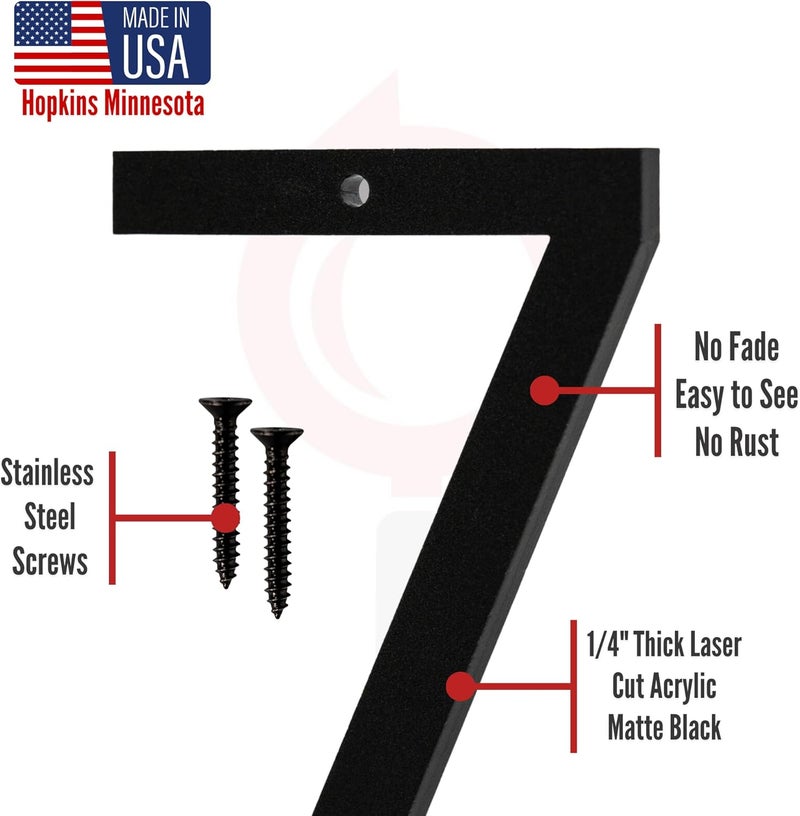 Discovered Designs 5" (7) Modern Address House Numbers for Outside - Easy to Install 3D Matte Black Acrylic Individual Numbers for Address on House, Weatherproof No Rust, Made in USA, Includes 2 - 3/4" Screws, Door Mailbox Number Home Address Number - Image 5