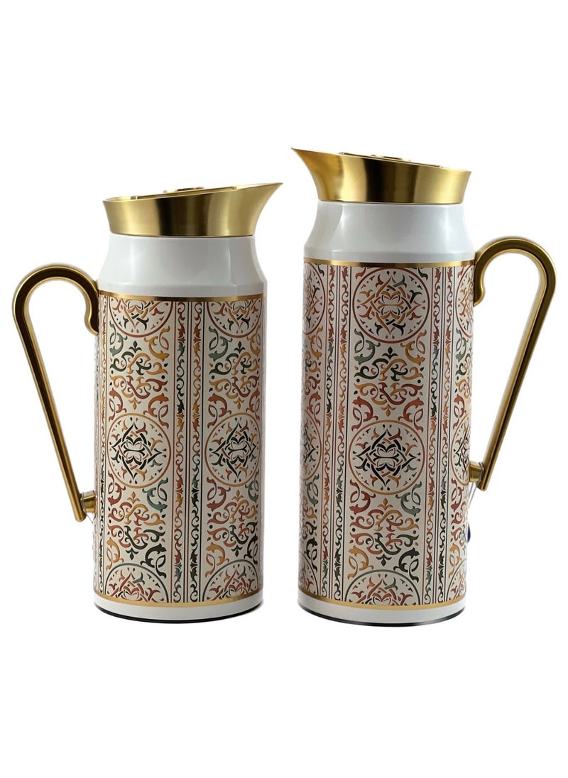 Homemaker 2-Piece Tea & Coffee Flask - 0.75 Liter & 1 Liter Capacity - Glass Inner - Steel Body - Multicolor Desing - Gold Handle  - Image 1