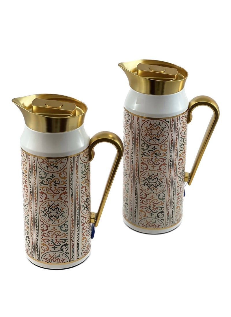 Homemaker 2-Piece Tea & Coffee Flask - 0.75 Liter & 1 Liter Capacity - Glass Inner - Steel Body - Multicolor Desing - Gold Handle  - Image 2