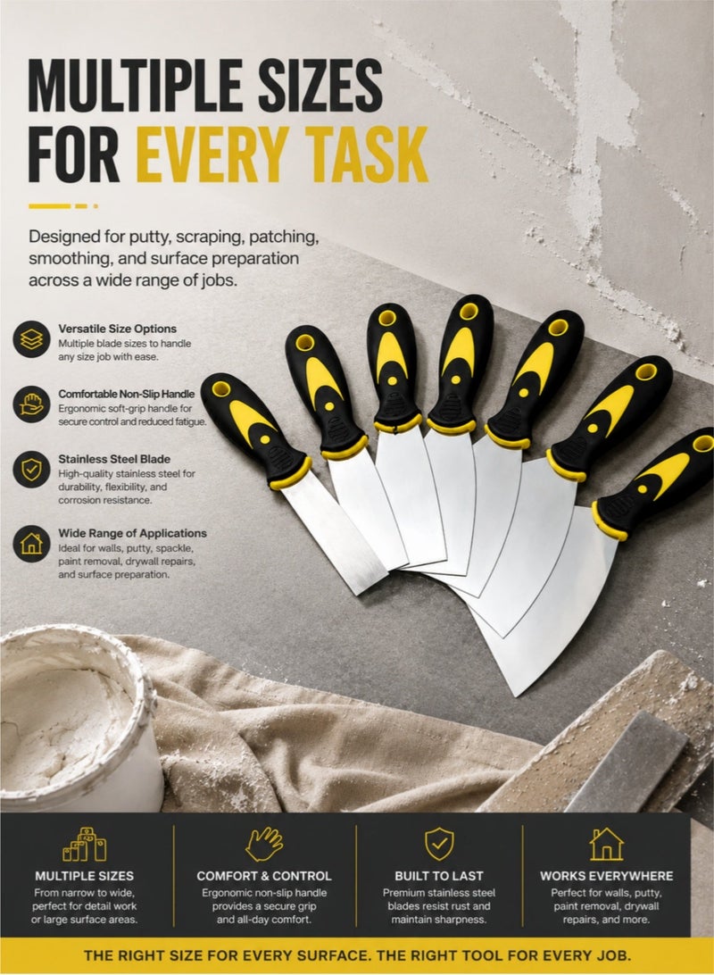 LOOPITYS 7-Piece Stainless Steel Putty Knife Set, 1.5"-6" Scraper Tool Kit with Ergonomic Non-Slip Handles, Drywall Putty Knife, Paint Scraper, Spackle Knife, Joint Knife for Wall Repair, Patching, Filling, Renovation - Image 2
