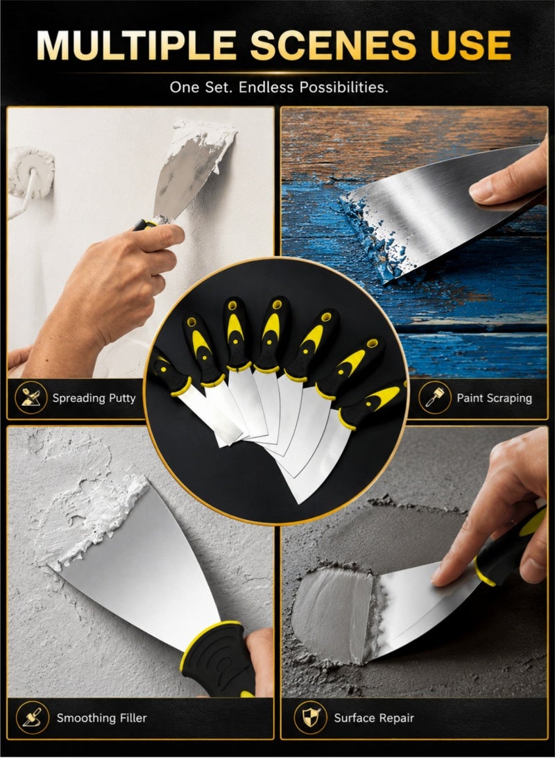 LOOPITYS 7-Piece Stainless Steel Putty Knife Set, 1.5"-6" Scraper Tool Kit with Ergonomic Non-Slip Handles, Drywall Putty Knife, Paint Scraper, Spackle Knife, Joint Knife for Wall Repair, Patching, Filling, Renovation - Image 5