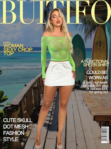 Buitifo Women Sexy Crop Top Fishnet Lingerie Skull Cosplay Tee Shirt Blouse Exotic Beach Cover Up(Green,M) - Image 5