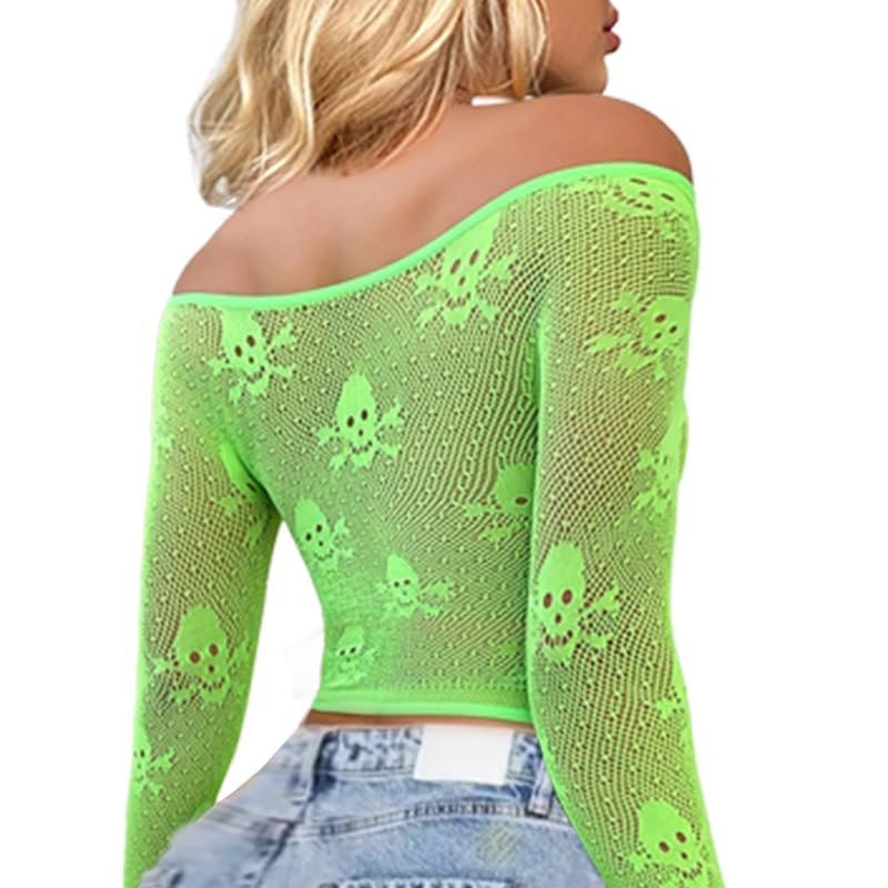 Buitifo Women Sexy Crop Top Fishnet Lingerie Skull Cosplay Tee Shirt Blouse Exotic Beach Cover Up(Green,M) - Image 3