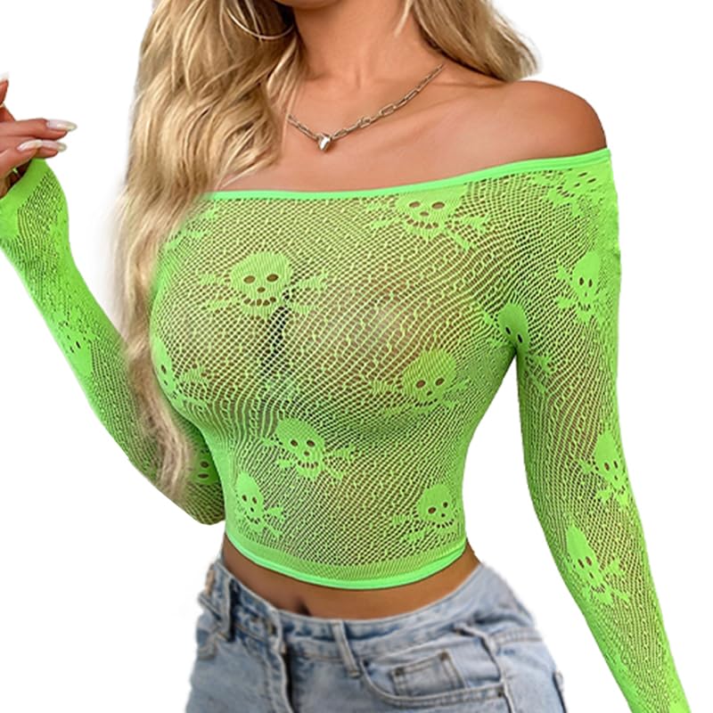 Buitifo Women Sexy Crop Top Fishnet Lingerie Skull Cosplay Tee Shirt Blouse Exotic Beach Cover Up(Green,M) - Image 2