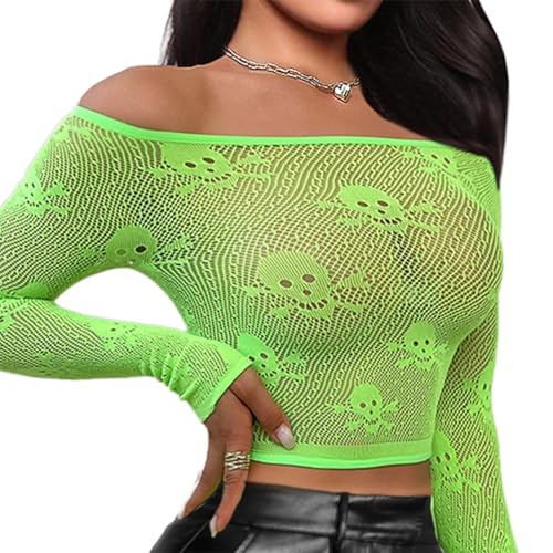 Buitifo Women Sexy Crop Top Fishnet Lingerie Skull Cosplay Tee Shirt Blouse Exotic Beach Cover Up(Green,M) - Image 1