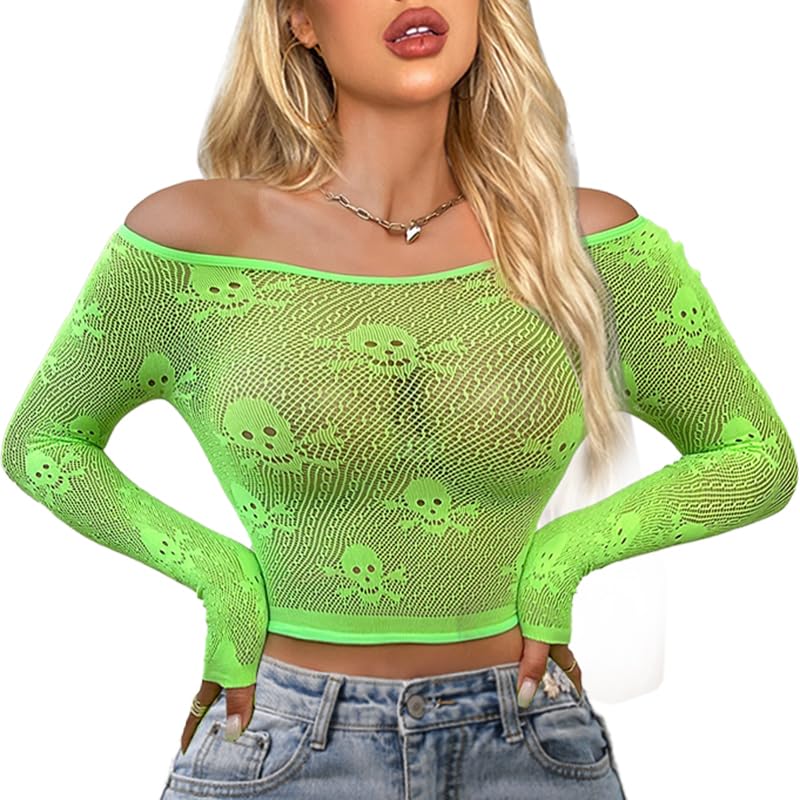 Buitifo Women Sexy Crop Top Fishnet Lingerie Skull Cosplay Tee Shirt Blouse Exotic Beach Cover Up(Green,M) - Image 4