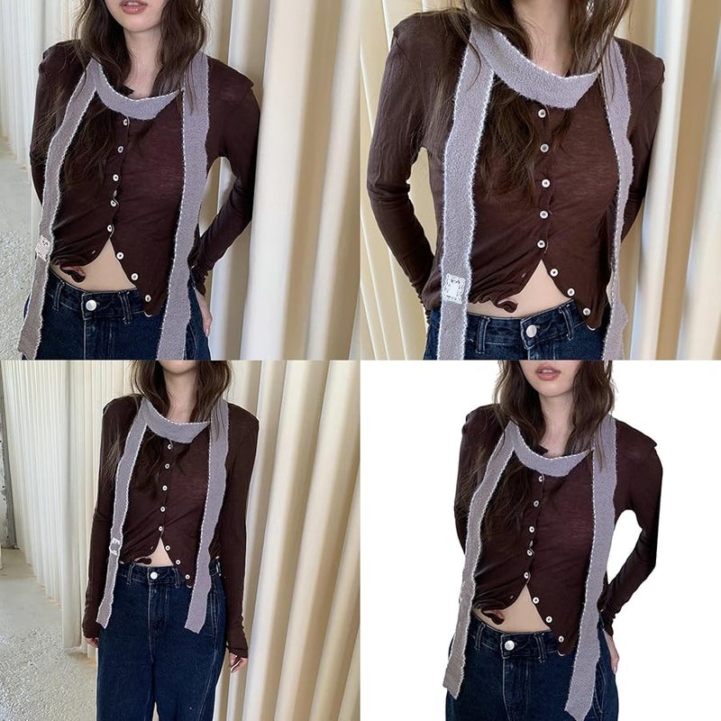 Unisex Soft Thin Long Ribbon Muffler With Hook Sewn Fringes For Fall Winter - Image 3