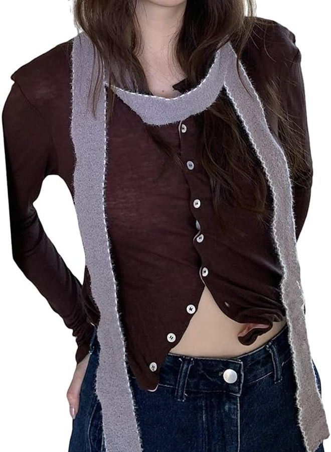Unisex Soft Thin Long Ribbon Muffler With Hook Sewn Fringes For Fall Winter - Image 1