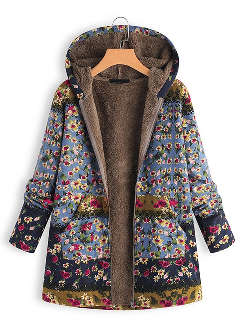 Loquat Autumn And Winter Thick Printed Women's Hooded Slim-Fit Long Warm Coat Grey  - Image 1