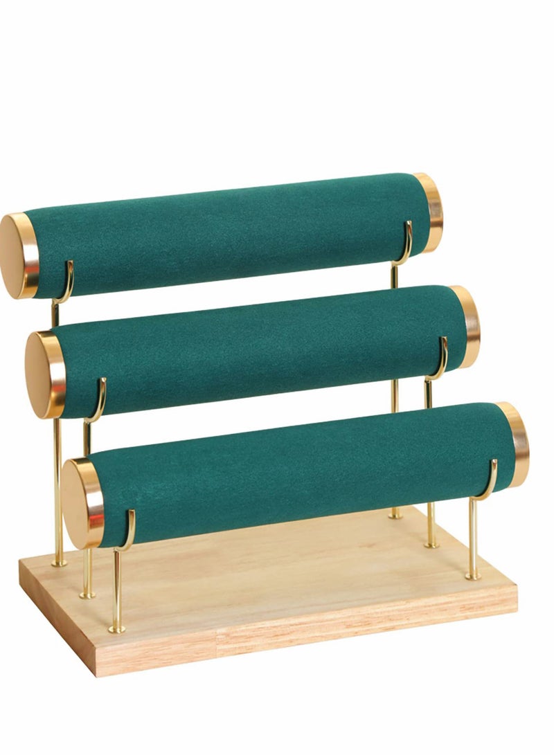 Excefore Detachable Bracelet Holder Three Tier, Velvet Stylish Jewelry Display Stand, Storage Organizer with Wooden Tray for Watch Ring (Dark green) - Image 1