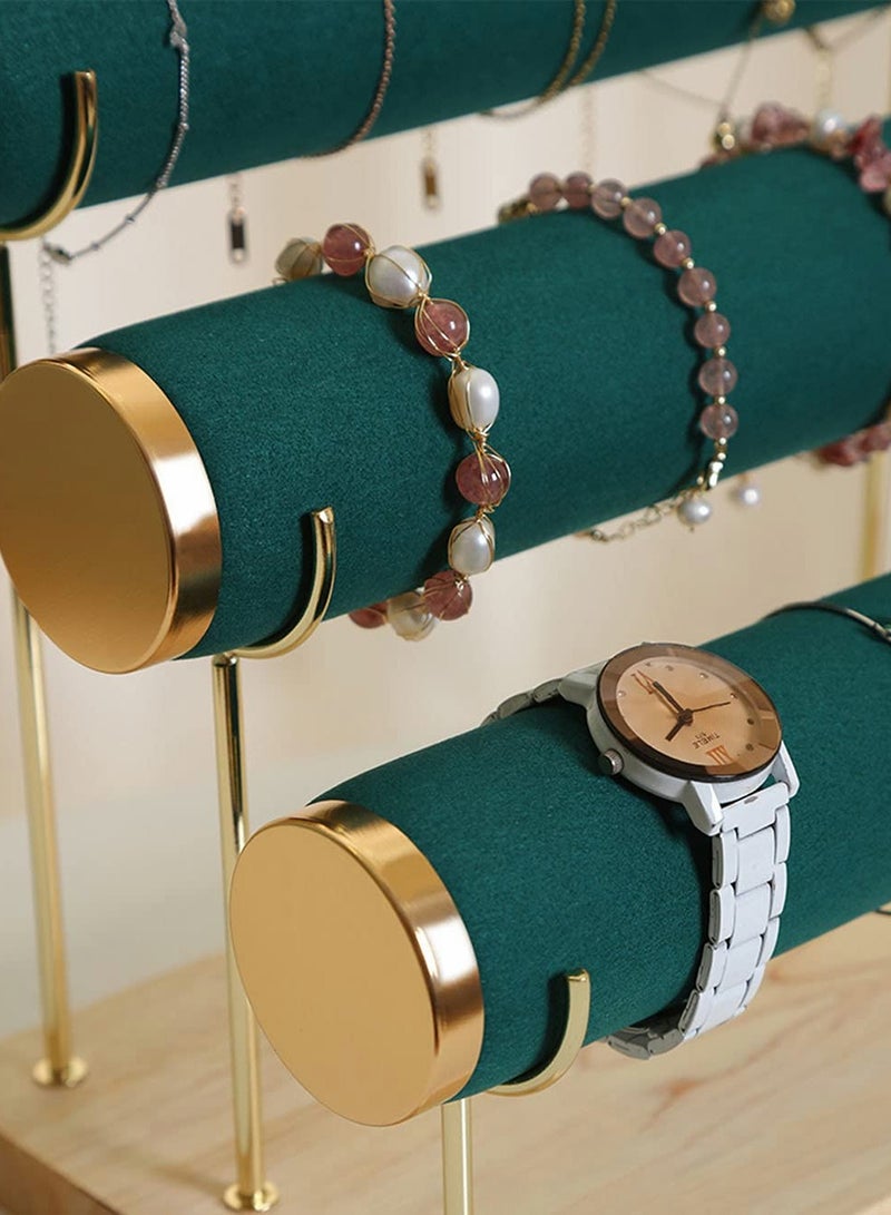 Excefore Detachable Bracelet Holder Three Tier, Velvet Stylish Jewelry Display Stand, Storage Organizer with Wooden Tray for Watch Ring (Dark green) - Image 4